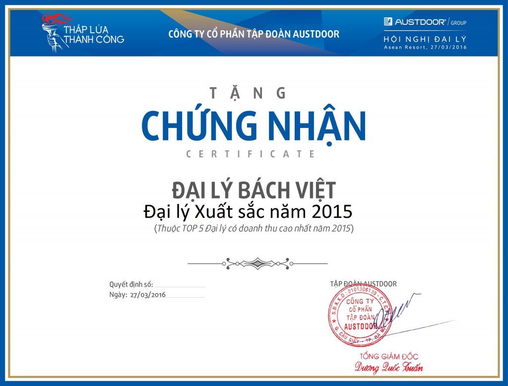 giấy chứng nhận đại lý xuất sắc